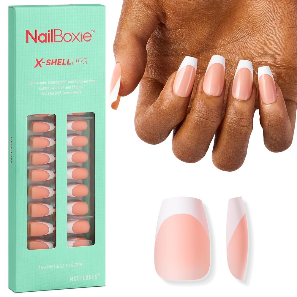 Modelones XSHELLTIPS Nude Pink And White French Tip Short Coffin Press On Nails